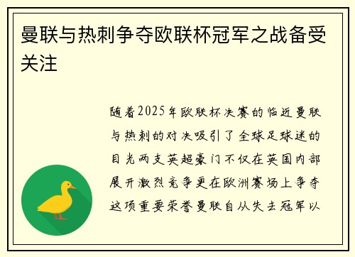 曼联与热刺争夺欧联杯冠军之战备受关注